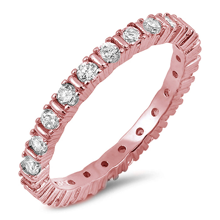 CLOSEOUT! Rose Gold Plated 4 Prong Round Cubic Zirconia Eternity Band .925 Sterling Silver Ring Sizes 5-10