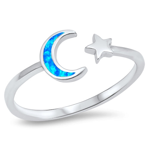 Blue Opal Wraparound Moon and Star .925 Sterling Silver Ring