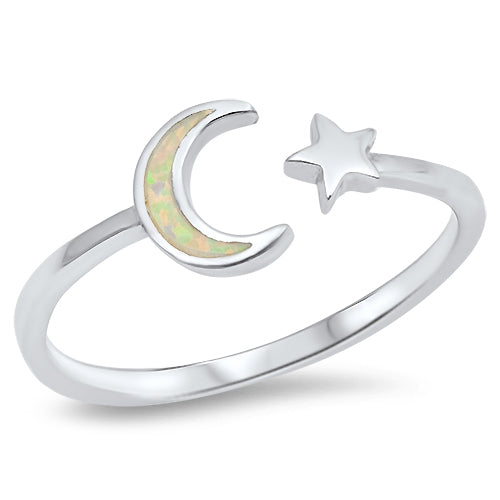 White Opal Wraparound Moon and Star .925 Sterling Silver Ring