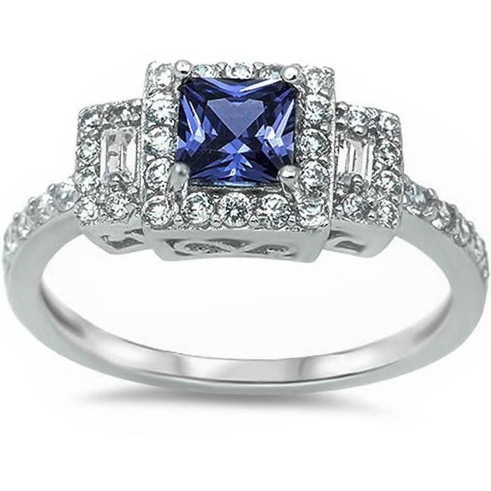 CLOSEOUT!Princess Cut Blue Sapphire & Cz .925 Sterling Silver