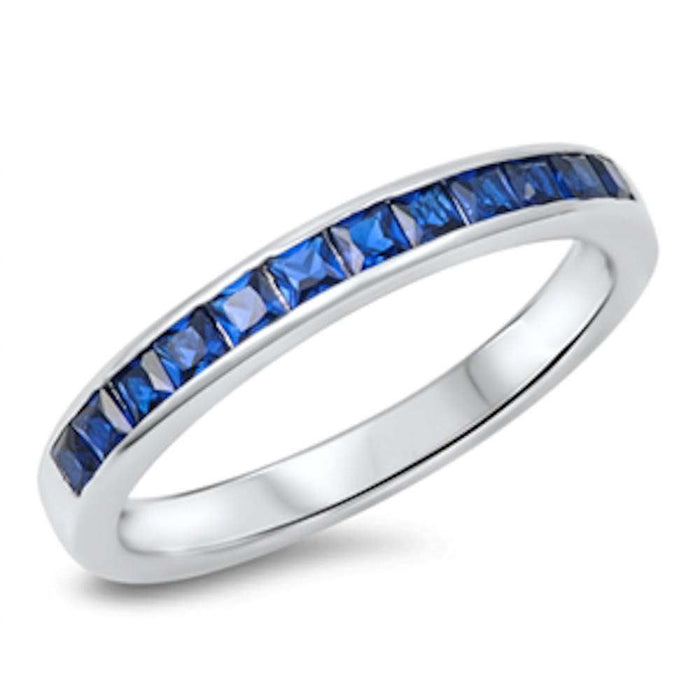 CLOSEOUT! Blue Sapphire Princess Cut Eternity Band .925 Sterling Silver Ring