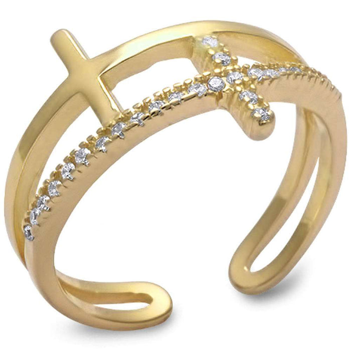CLOSEOUT! Yellow Gold Plated Plain & Cz Cross Sideways Cross .925 Sterling Silver Ring