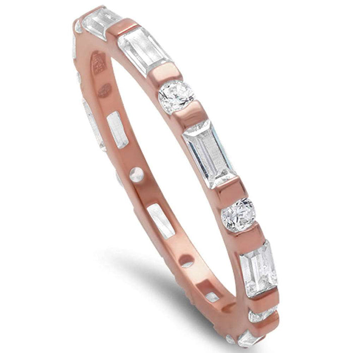 CLOSEOUT! Rose Gold Plated Round & Baguette Cz Band .925 Sterling Silver Ring