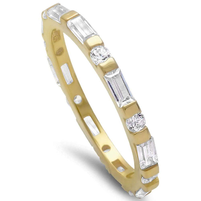 CLOSEOUT! Yellow Gold Plated Round & Baguette Cz Band .925 Sterling Silver Ring