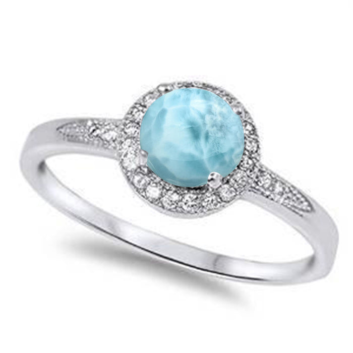 Halo Natural Larimar & White Cubic Zirconia .925 Sterling Silver Ring Sizes 5-10