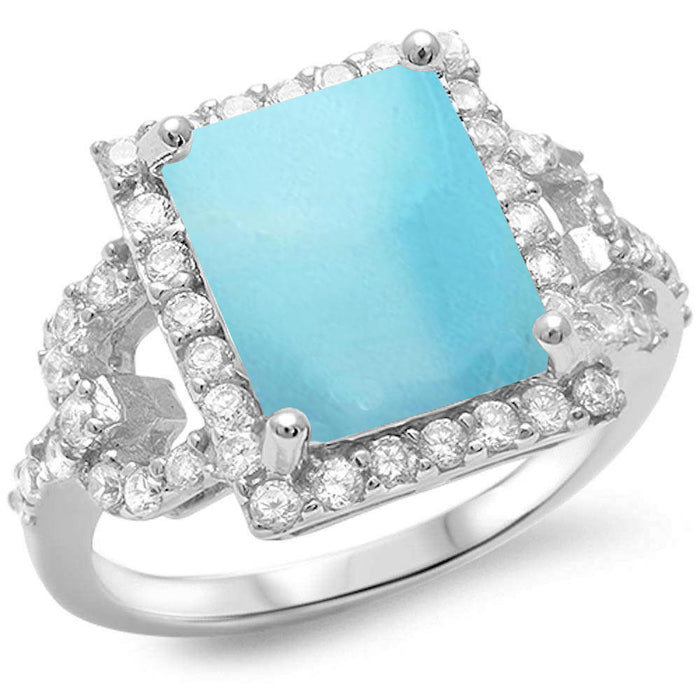 Radiant Shape Natural Larimar & Sparkling Cubic Zirconia .925 Sterling Silver Ring Sizes 5-10