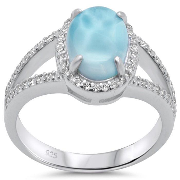 Oval Natural Larimar & Cubic Zirconia Halo .925 Sterling Silver Ring Size 8