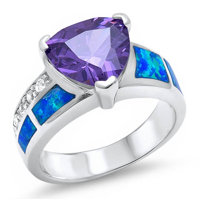 CLOSEOUT! Trillion Shape Amethyst, Blue Opal, & Cz .925 Sterling Silver Ring Sizes 5-10