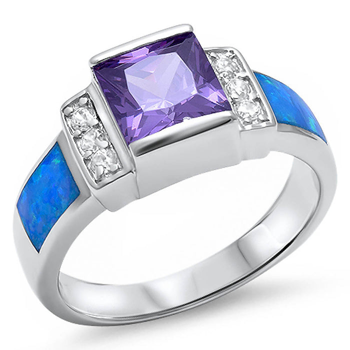 CLOSEOUT! Amethyst, Blue Opal, & Cz .925 Sterling Silver Ring