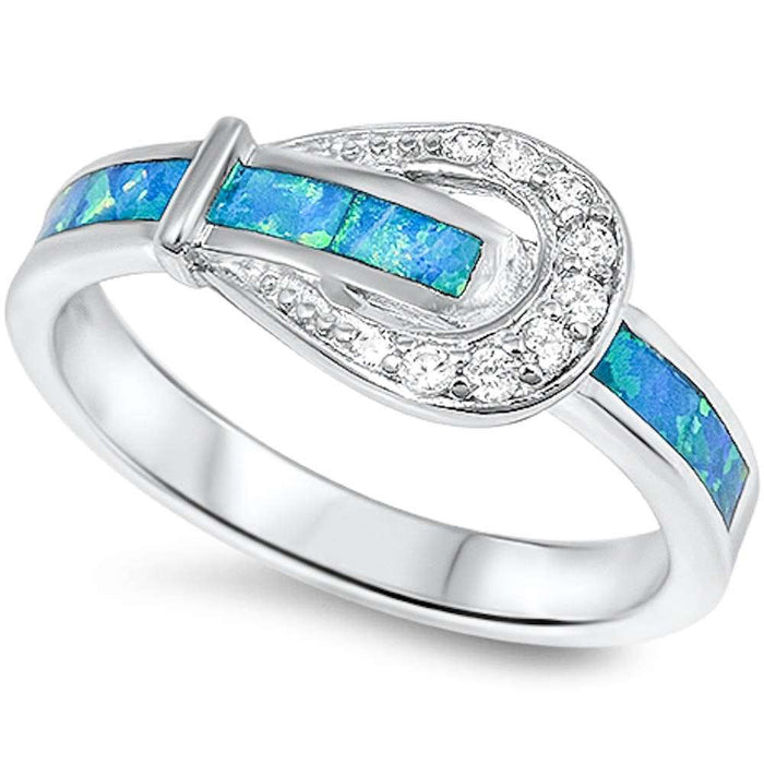 CLOSEOUT!Blue Opal & Cz Belt Buckle .925 Sterling Silver Ring Sizes 4-10