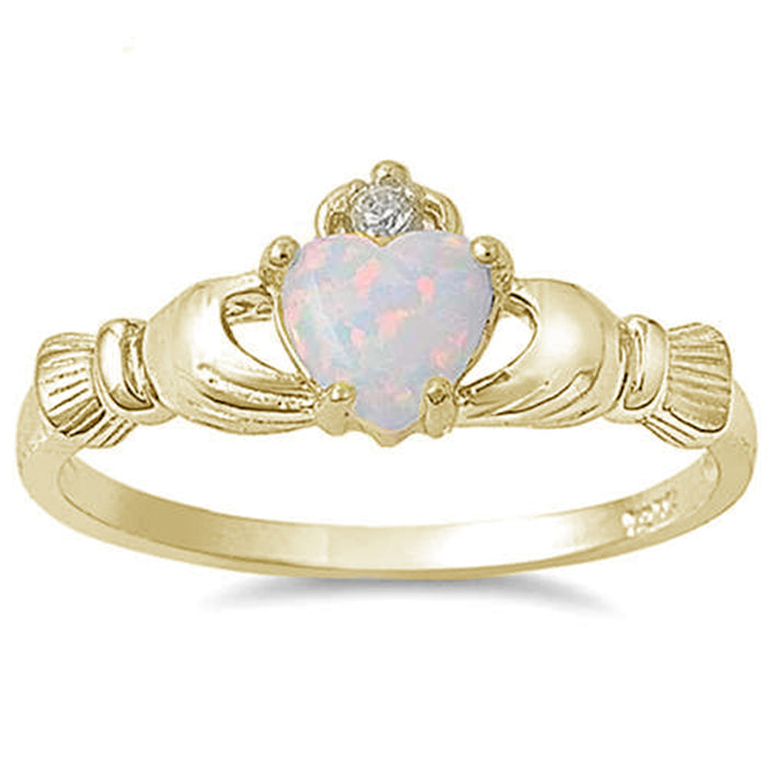 Yellow Gold Plated White Opal Heart Claddagh .925 Sterling Silver Ring Sizes 9