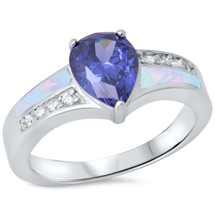 CLOSEOUT! Pear Tanzanite, White Opal & Cz .925 Sterling Silver Ring