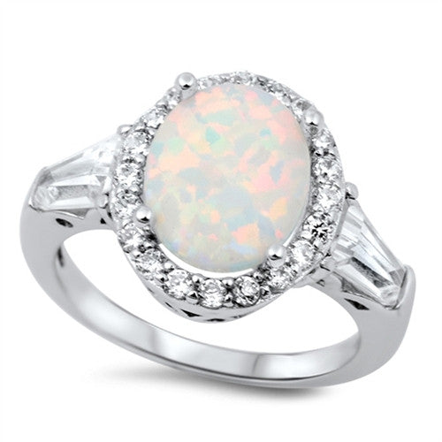 CLOSEOUT!White Fire Opal & Baguette Cz .925 Sterling Silver Ring