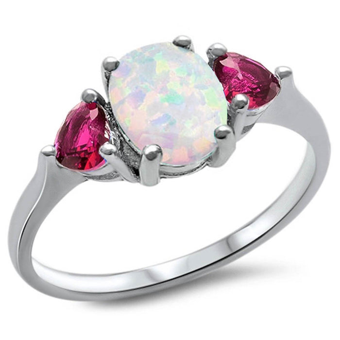 Oval White Opal & Ruby Heart CZ .925 Sterling Silver Ring