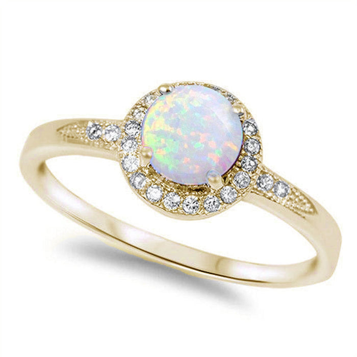 Yellow Gold Plated White Opal & Cubic Zirconia .925 Sterling Silver Ring