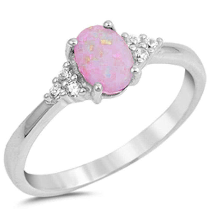 Oval Pink Opal & Round Cz .925 Sterling Silver Ring