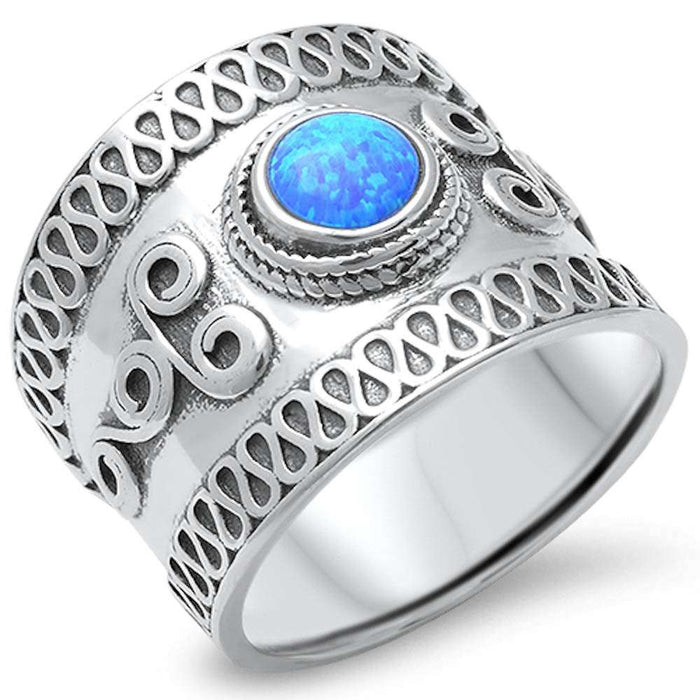 CLOSEOUT!Bali Design Blue Opal Band .925 Sterling Silver Ring Sizes 5