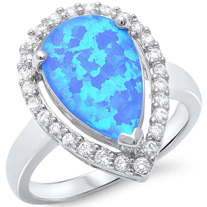 CLOSEOUT!Pear Shape Blue Opal & Cubic Zirconia.925 Sterling Silver Ring
