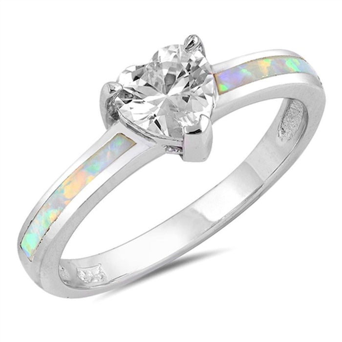 CLOSEOUT! Heart Shape CZ with White Opal .925 Sterling Silver Ring