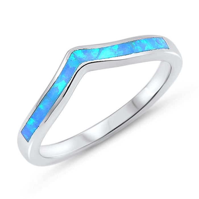 CLOSEOUT! Lab Created Blue Opal Thumb Chevron Stackable .925 Sterling Silver Ring
