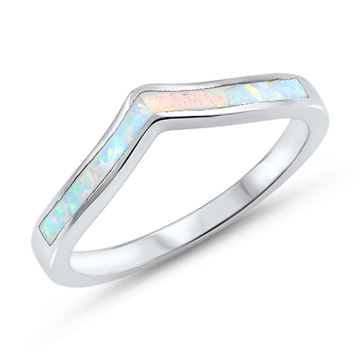 CLOSEOUT! Lab Created White Opal Thumb Chevron Stackable .925 Sterling Silver Ring