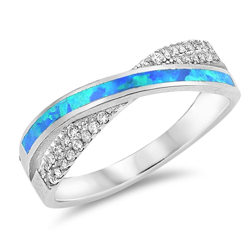 CLOSEOUT! Blue Opal & Cz Criss Cross .925 Sterling Silver Ring