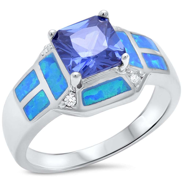 CLOSEOUT! Princess Cut Tanzanite, Blue Opal & Cz .925 Sterling Silver Ring sizes 6-10