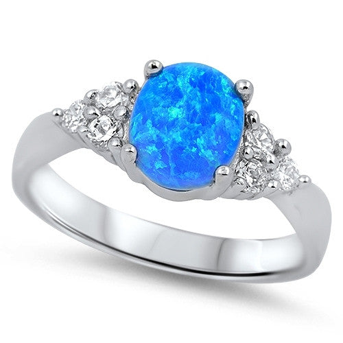 CLOSEOUT!Sterling Silver Lab Created Blue Opal Gemstone Ring with CZ