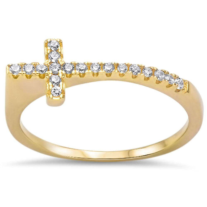 CLOSEOUT! Yellow Gold Plated Sideways Cz Cross .925 Sterling Silver Ring