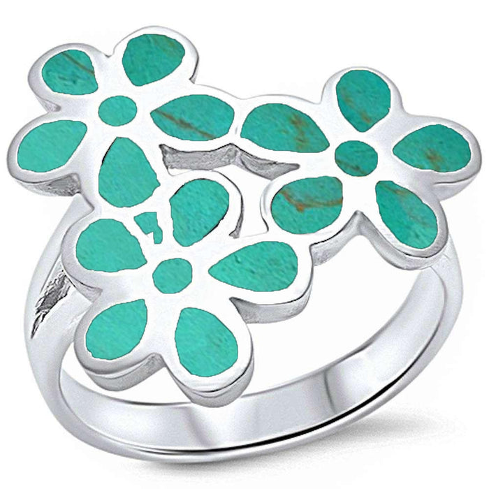 CLOSEOUT!Turquoise Shell Inlay Plumeria .925 Sterling Silver Ring Sizes 5-6